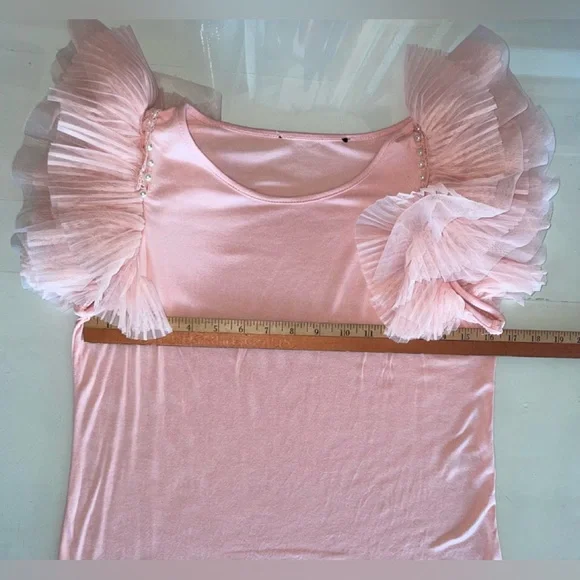 LAST SALE PRICE TOP FROTHY PLEATED LAYERS TULLE SLEEVE ROSE SIZE SMALL STRETCH - Picture 10 of 13